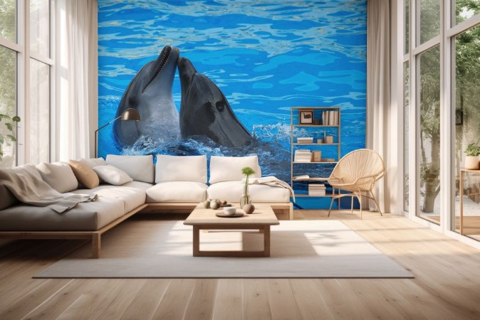 Two dolphins playing in the water photowallpaper Scandiwall