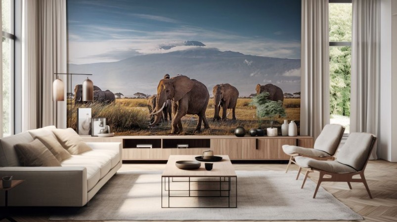 Herd of African Elephants in Front of Kilimanjaro photowallpaper Scandiwall