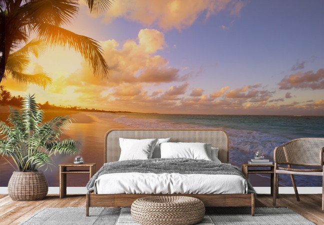 Art Beautiful sunrise over the tropical beach photowallpaper Scandiwall