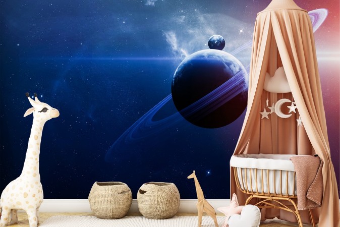 Planets in Space, Nebula and Stars photowallpaper Scandiwall