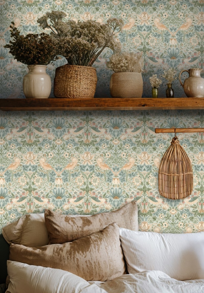 Strawberry Thief Soft Bayleaf/Thyme - 217548 wallpaper William Morris