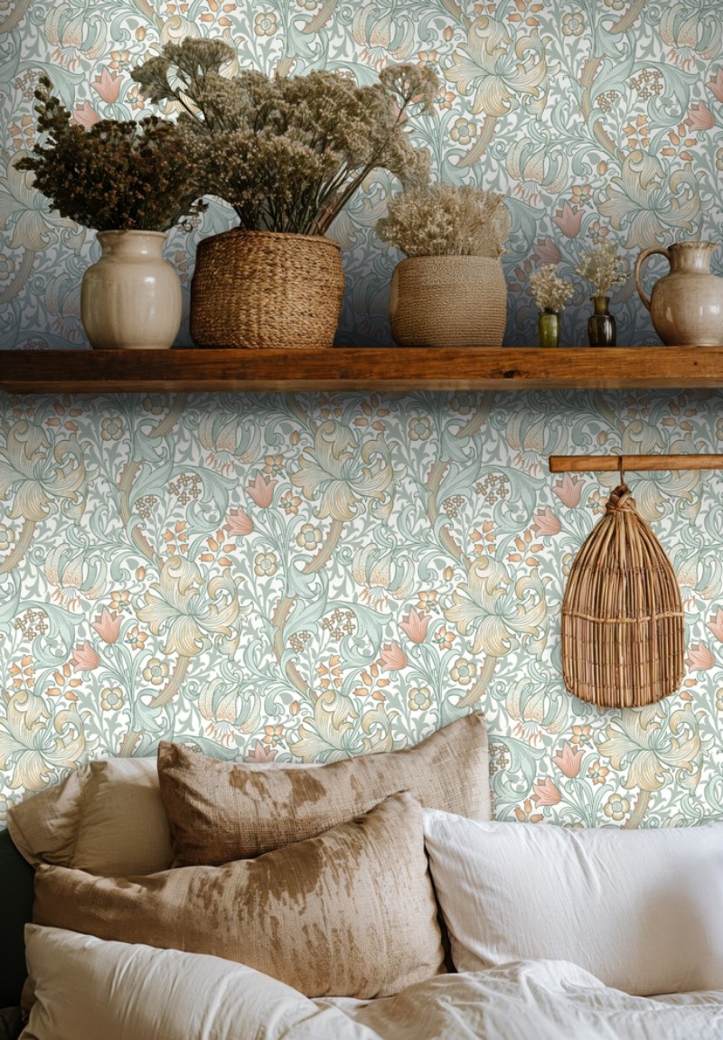 Golden Lily Sea Glass/Coral - 217551 wallpaper William Morris