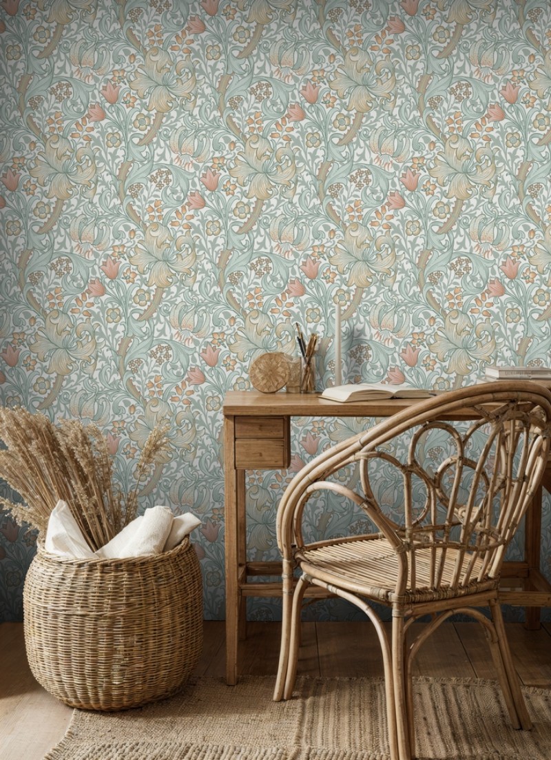 Golden Lily Sea Glass/Coral - 217551 wallpaper William Morris